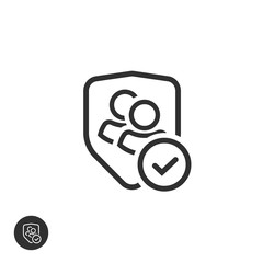 Poster - User group privacy vector icon, line outline authentic or confidential team data, two persons protected with shield and checkmark or tick, verified partnership symbol, secure or safe communication