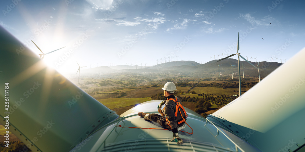 Happy engineer feel success after good work. He standing a top of windmill and looking beautiful sunset landscape - obrazy, fototapety, plakaty 