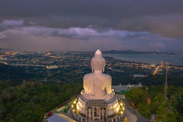 aerial view Phuket big Buddha in twilight. Phuket Big Buddha is one of the island most important and revered landmarks on Phuket island..