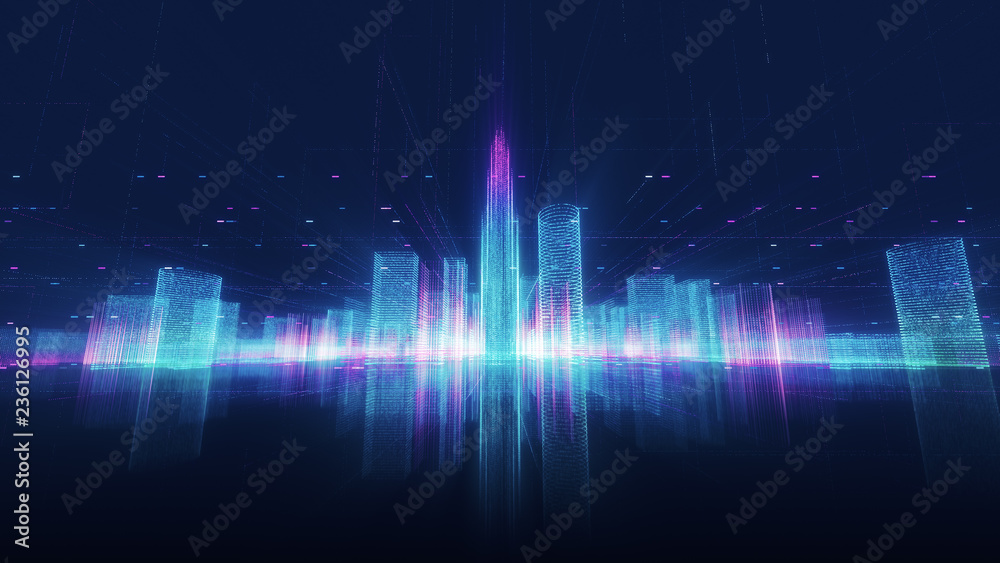 Abstract hologram 3D city rendering with futuristic matrix. Digital skyline with a binary code particles network. Technology and connection concept. Architecture background with particle skyscrapers. - obrazy, fototapety, plakaty 