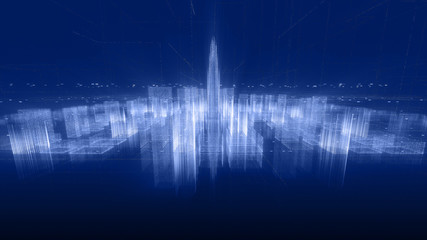 Poster - Abstract hologram 3D city rendering with futuristic matrix. Digital skyline with a binary code particles network. Technology and connection concept. Architecture background with particle skyscrapers.