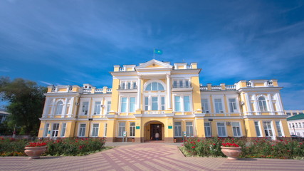 Sticker - Beautiful 18th century building in the center of Uralsk timelapse hyperlapse. Western Kazakhstan.