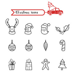 Wall Mural - Christmas line art icons set. Christmas drawing collection.