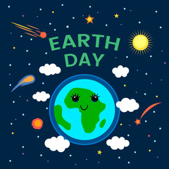  April 22 is the day of the Earth. funny comic poster in a cartoon style. Planet Earth in space with stars and comets. flat vector illustration