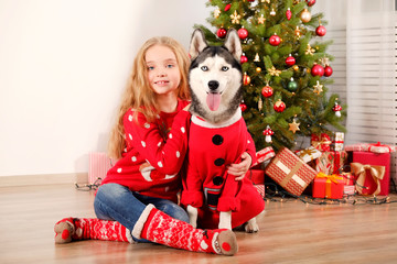 Wall Mural - Portrait of happy five year old girl with long blonde curly hair wearing red knitted sweater sitting with her siberian husky pet friend in christmas carnival costume. Background, copy space, close up.