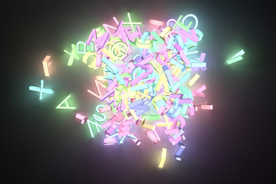 Grow neon 3D rendering. Background abstract CGI typography, alphabetic character letter of ABC for design, graphic resource.