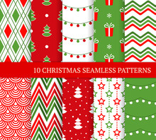 Ten Christmas Different Seamless Patterns. Xmas Endless Texture For Wallpaper, Web Page Background, Wrapping Paper And Etc. Retro Style. Zigzag, Gift, Snowflake, Argyle, Christmas Lights And Tree