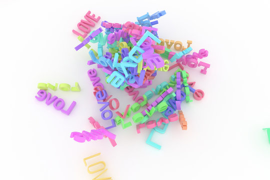 Colorful 3D rendering. Background abstract CGI typography, alphabetic character love for design, graphic resource.