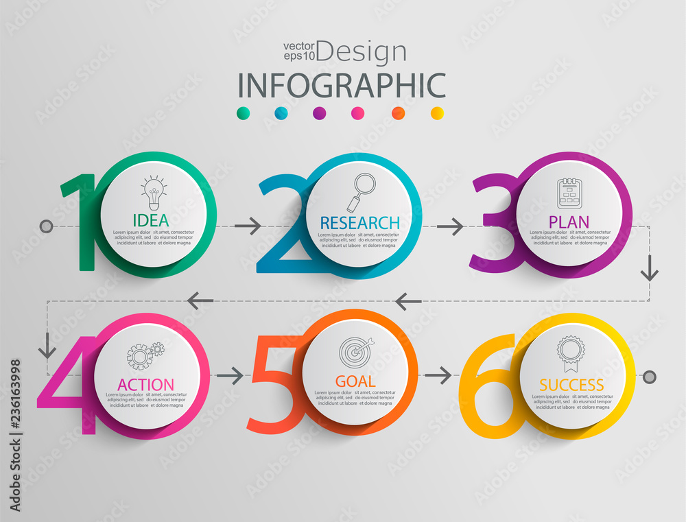 Paper infographic template with 6 circle options for presentation and data visualization. Business process chart.Diagram with six steps to success.For content,flowchart, workflow.Vector illustration - obrazy, fototapety, plakaty 