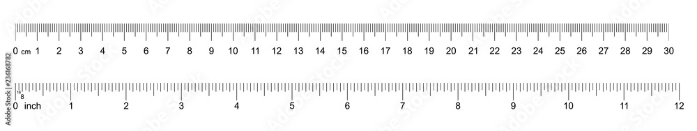 Ruler 30 cm, 12 inch. Set of ruler 30 cm 12 inch. Measuring tool. Ruler scale. Grid cm, inch. Size indicator units. Metric Centimeter, inch size indicators. Vector - obrazy, fototapety, plakaty 