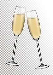 Vector Happy New Year with toasting glasses of champagne on transparent background in realistic style. Greeting card or party invitation with golden bright illustration.