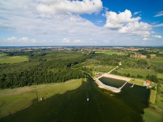 Sticker - Aerial view of concrete quay and town beach on Mamry Lake, Wegorzewo, Mazury, Poland