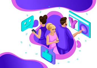 Poster - isometric concept people in social network. teenagers communicate in a new social network. template 