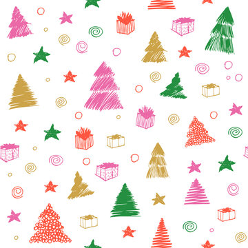 Christmas Tree seamless pattern. Hand drawn vector colored graphic sketch. Doodle background isolated on white