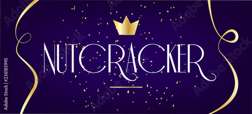 Fotografía Holiday card with crown, ribbon and golden confetti on blue background