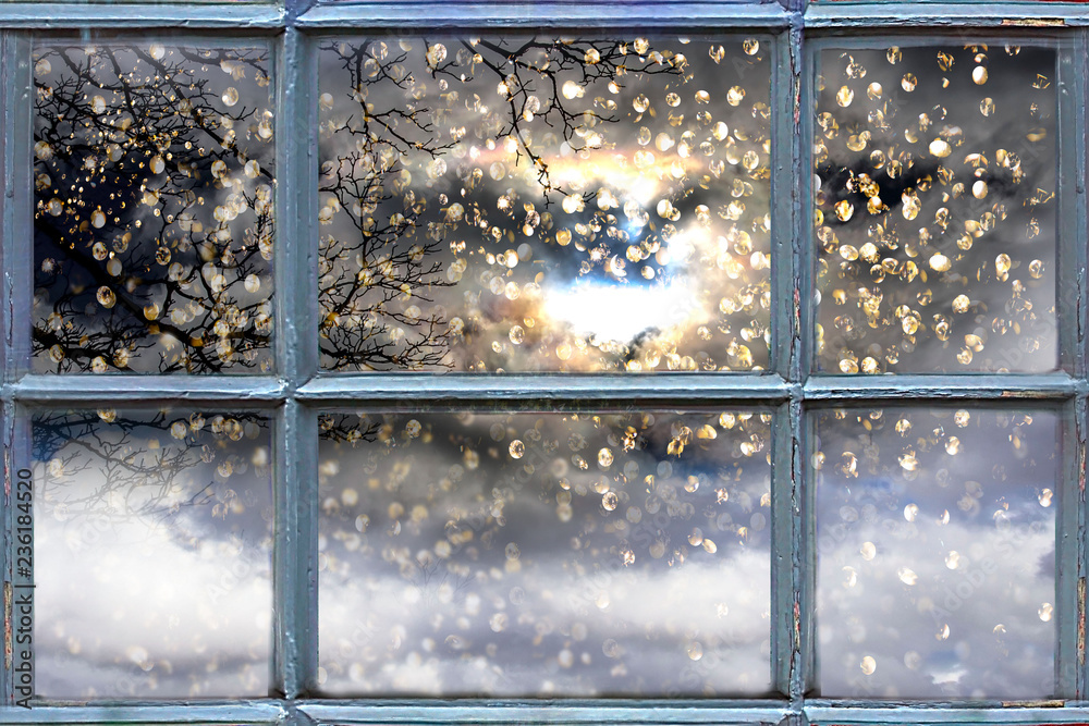 Snow falling outside the window - obrazy, fototapety, plakaty 