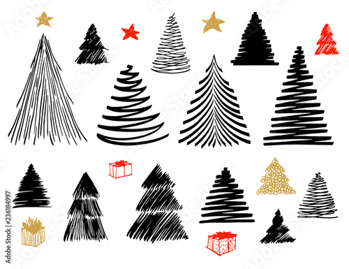 Big Set Of Christmas Tree Doodle Hand Drawn Vector