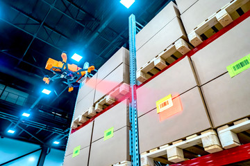 Poster - Drones scans barcode. Modern warehouse. Inventory in stock. Drone reads the barcode boxes in stock. Automation. Storage management. Responsible storage. Warehouse inspection.