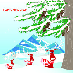 Wall Mural - Romantic winter background with green fir tree, brown cone, mountain, deer, in white snow on blue sky, Happy New Year banner stock vector illustration for web, for print