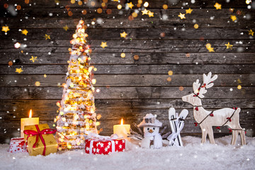Wall Mural - christmas tree decoration on wooden background