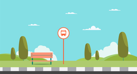 Bus stop of main street city. Bus stop. signs and icons in flat design.Bus stop. Urban concept.Public park with bench and bus stop with sky background illustration