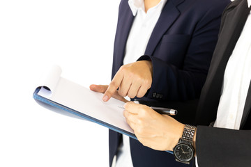 Businesspeople one person hand pointing document and another signing contract.