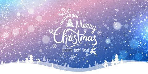 Wall Mural - Christmas and New Year Typographical on snowy Xmas background with winter landscape with snowflakes, light, stars. Merry Christmas card. Vector Illustration