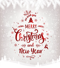 Wall Mural - Christmas and New Year typographical on background with winter landscape with snowflakes, light, stars. Xmas card. Vector Illustration
