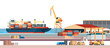 © mast3r - Industrial sea port cargo logistics container import export freight ship crane water delivery transportation concept shipping dock flat horizontal banner
