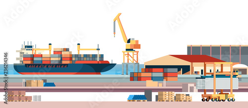 Industrial sea port cargo logistics container import export freight ship crane water delivery transportation concept shipping dock flat horizontal banner
