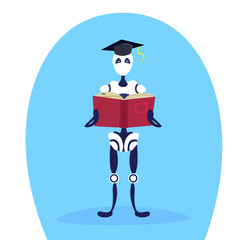 Poster - modern robot graduation cap holding book artificial