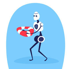 Poster - modern robot hold lifebuoy bot helper artificial intelligence concept blue background full length fl