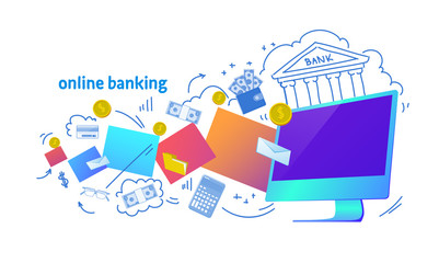 Poster - Online banking internet electronic payment horizontal banner computer virtual money transaction sketch doodle