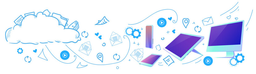 Poster - Cloud computing concept design diversity devices connected synchronization network data storage horizontal sketch doodle