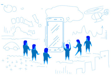 Poster - businessman around smartphone mobile app concept people group phone application teamwork success ske