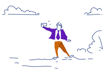 Poster - businessman talking selfie photo portrait video call concept man colored silhouette horizontal sketc