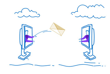 Poster - two businessmen throwing envelope message online chat communication internet mail transfer sketch doodle horizontal