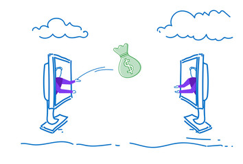 Poster - two businessmen throwing money bag online banking internet payment transfer sketch doodle horizontal