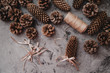 Pinecones on stone background. Christmas decorations. 