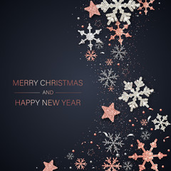 Wall Mural - Merry Christmas and Happy New Year card with shiny snowflakes and stars.