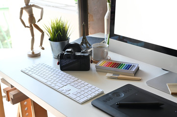 Fototapete - Creative workspace with office desk table.
