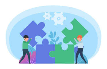 Cooperation in business, work together concept. People combine big puzzle together. Poster for web page, banner, social media, presentation. Flat design vector illustration