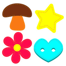 A Colorful Set Of Four Items: A Mushroom, A Star, A Flower And A Button. Vector Illustration.