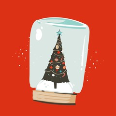 Hand drawn vector abstract fun Merry Christmas and Happy New Year time cartoon illustration greeting card with xmas tree in snow glass sphere isolated on red background