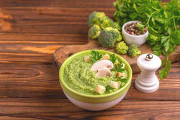 Wall Mural - Fresh tasty pureed broccoli soup with vegetables. Healthy food