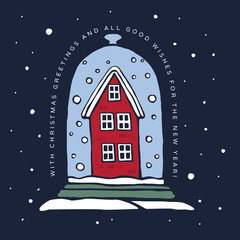Wall Mural - christmas winter illustration. old red house backfilled snow under a glass dome on a blue background