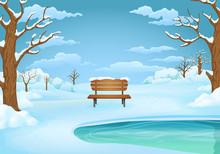 Winter Day Illustration. Snow Covered Wooden Bench By The Frozen Lake With Leafless Trees And Snowy Ground.