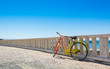 Bicicletta colorata vintage in riva al mare in estate