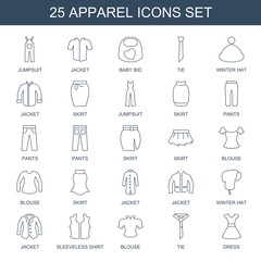 Wall Mural - apparel icons. Set of 25 line apparel icons included jumpsuit, jacket, baby bid, tie, winter hat, skirt, pants on white background. Editable apparel icons for web, mobile and infographics.