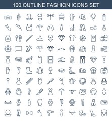 Sticker - fashion icons. Set of 100 outline fashion icons included mittens, woman shoe, boot, panties, tie, hair dryer on white background. Editable fashion icons for web, mobile and infographics.